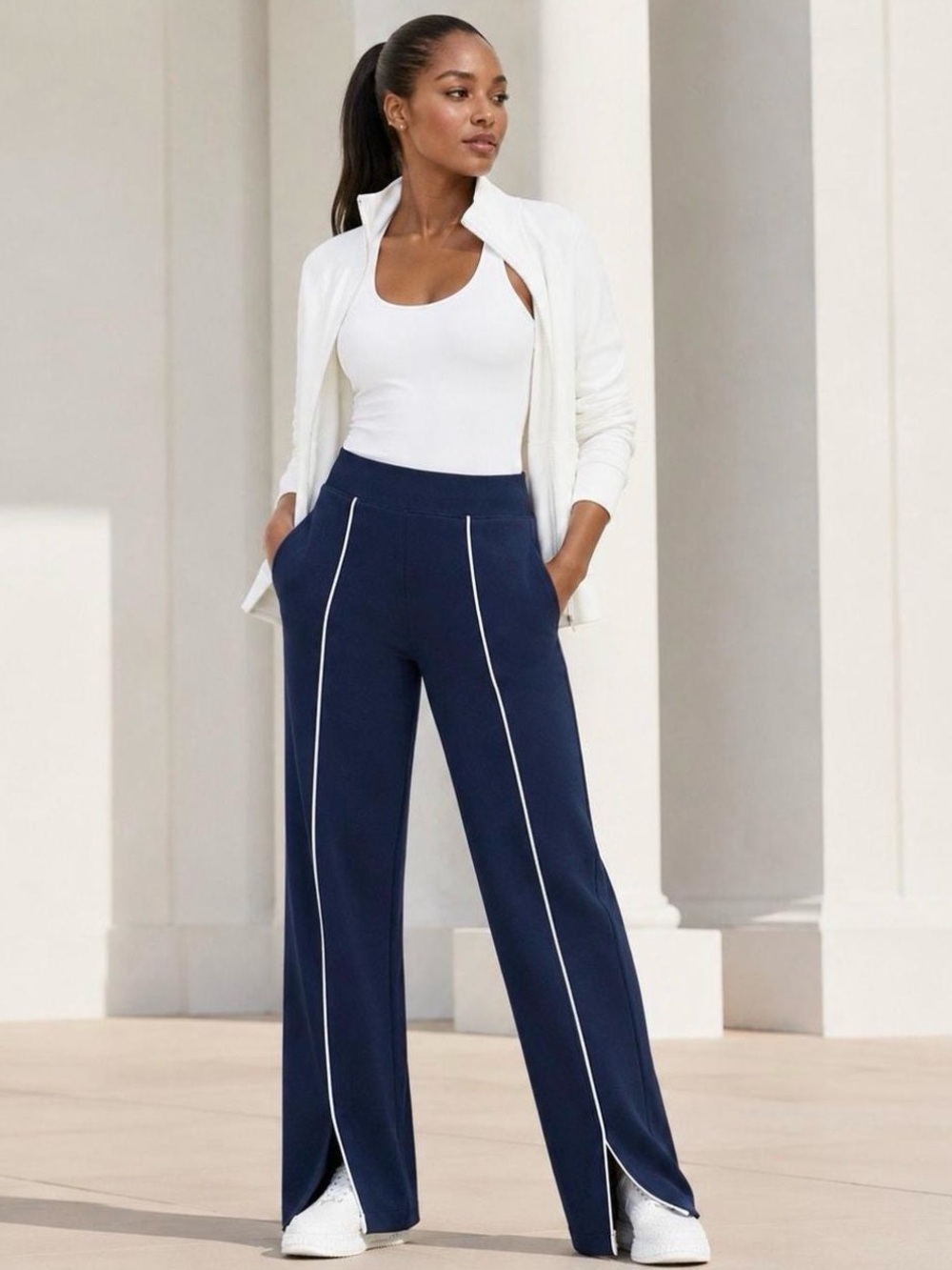 NWT SPANX AirEssentials Pique Straight Leg Track Pants Navy Blue Medium